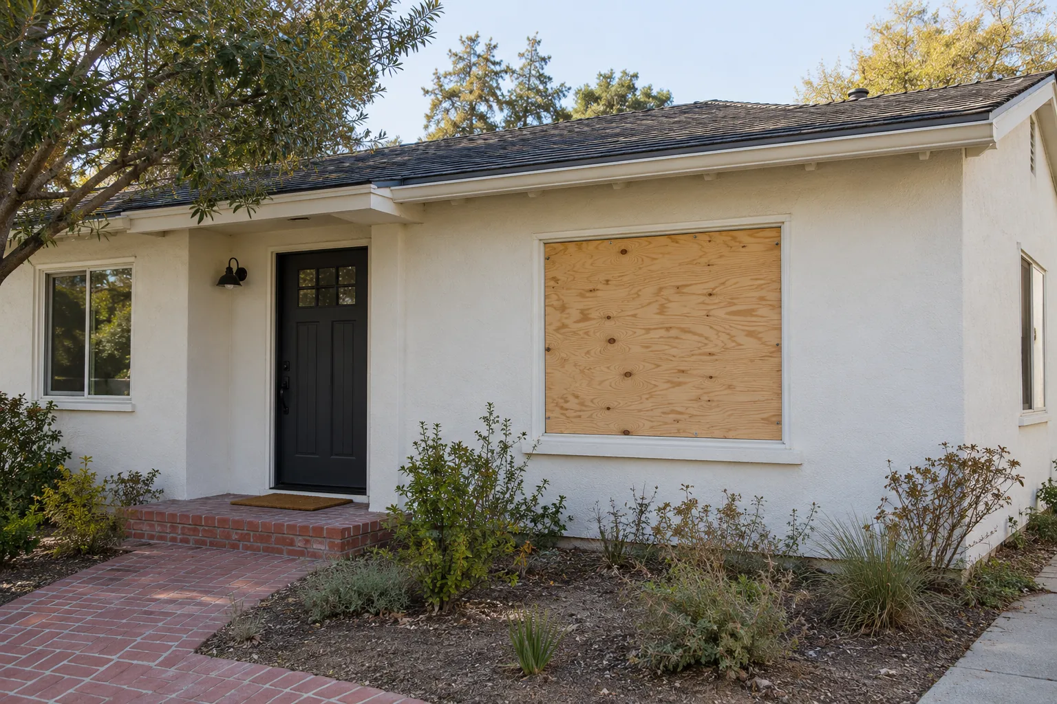 White stucco home with a plywood-secured window and clear front entrance