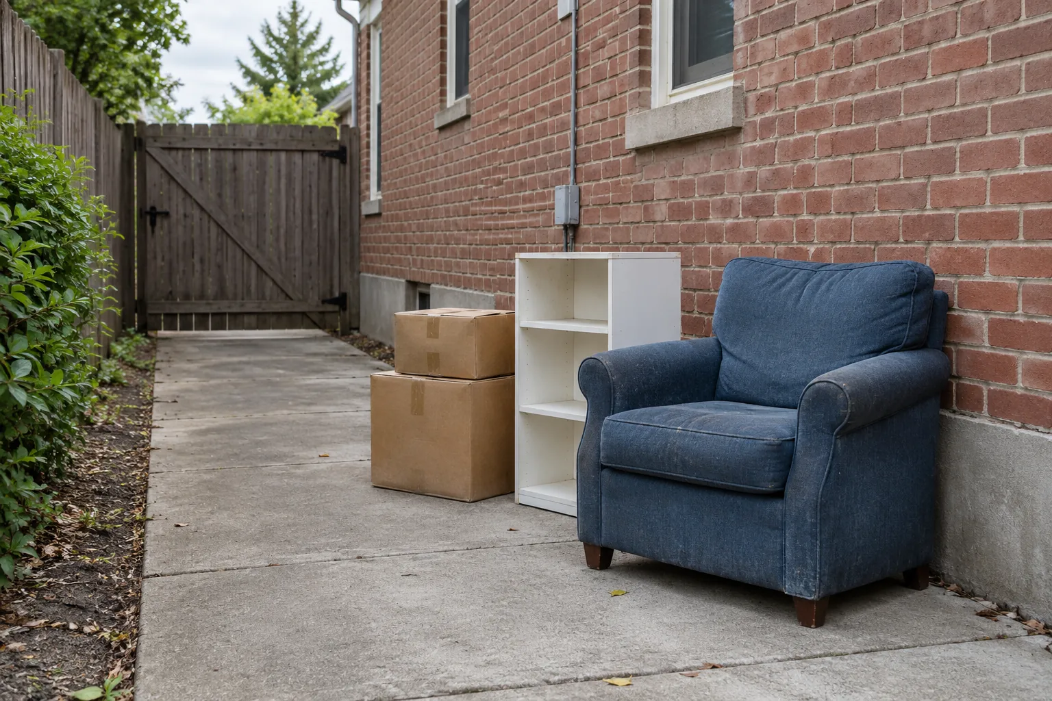 Unwanted furniture and boxes beside a red-brick building