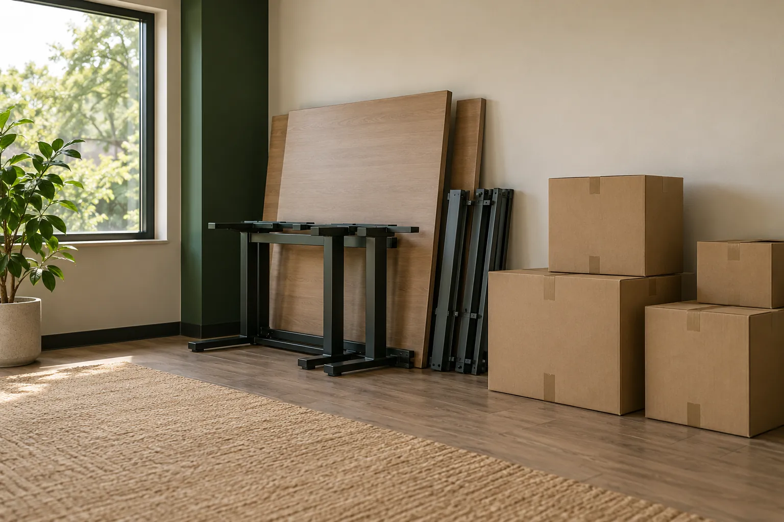 Office furniture and boxes grouped for removal