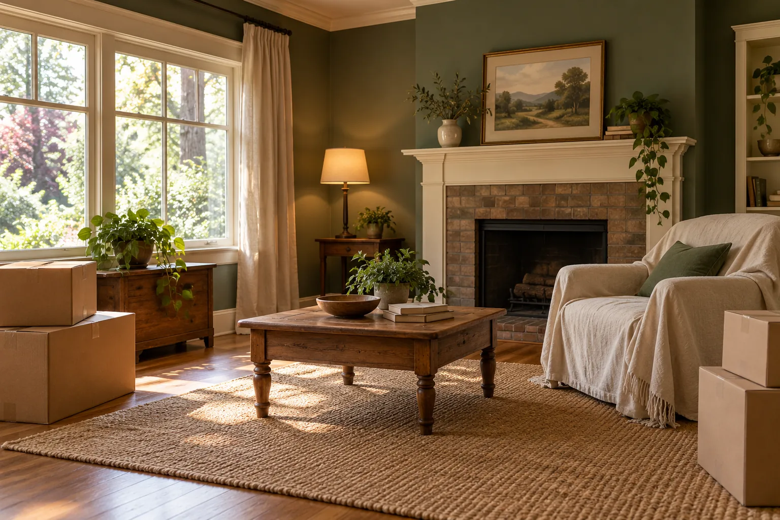 Living room with storage boxes and a covered armchair