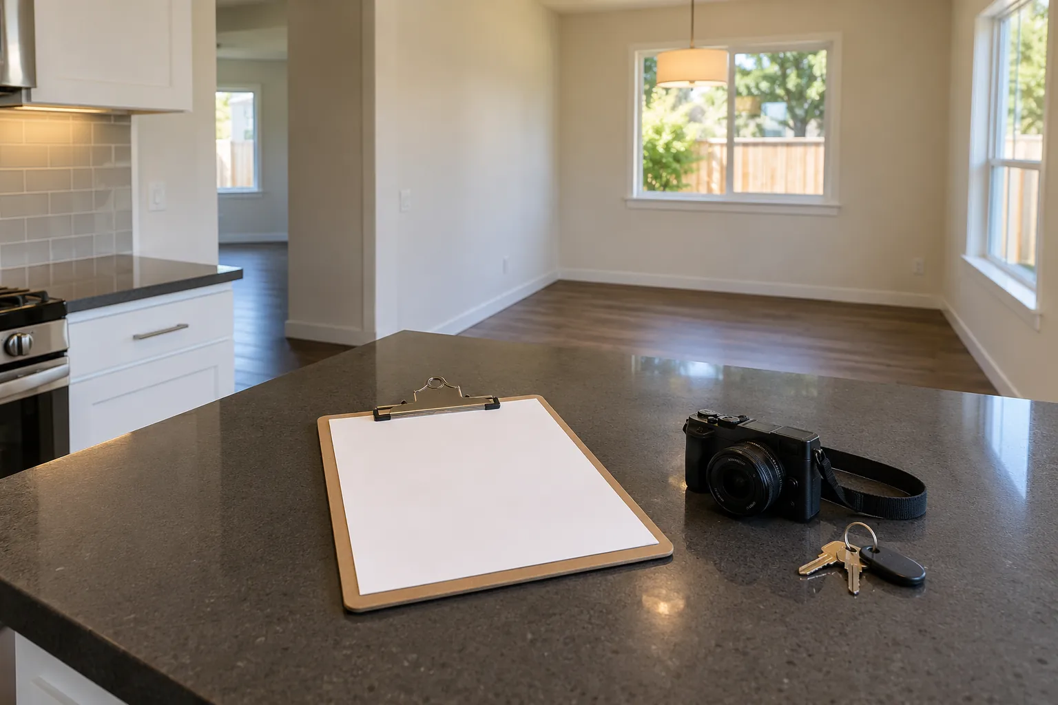 Clipboard, camera and keys on a kitchen counter in a vacant apartment