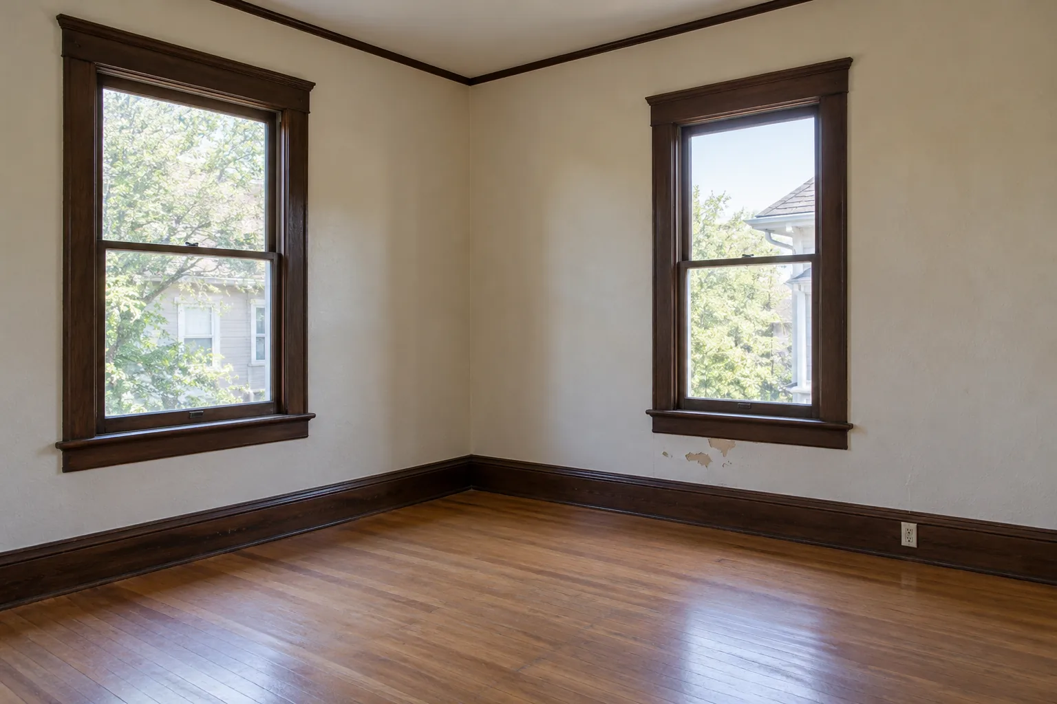 Empty room with wood-trimmed windows and a small patch of peeling paint