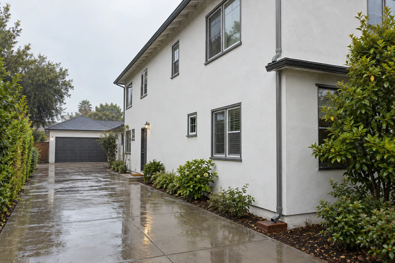 White two-story stucco house with gutters and a wet driveway during rain