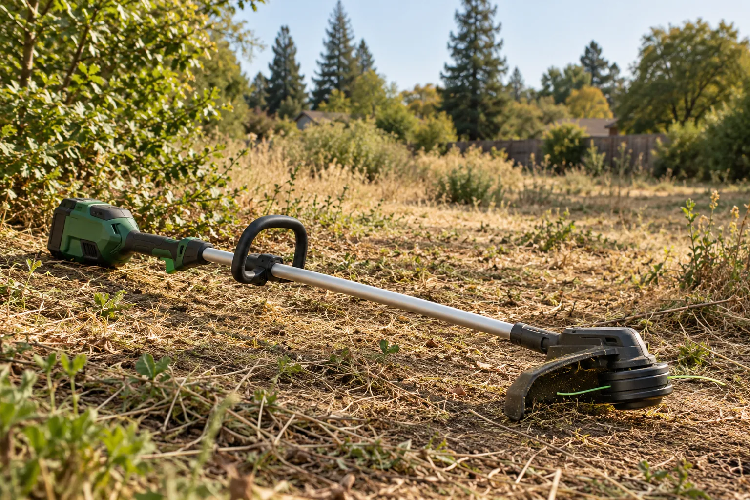 String trimmer resting on cut vegetation