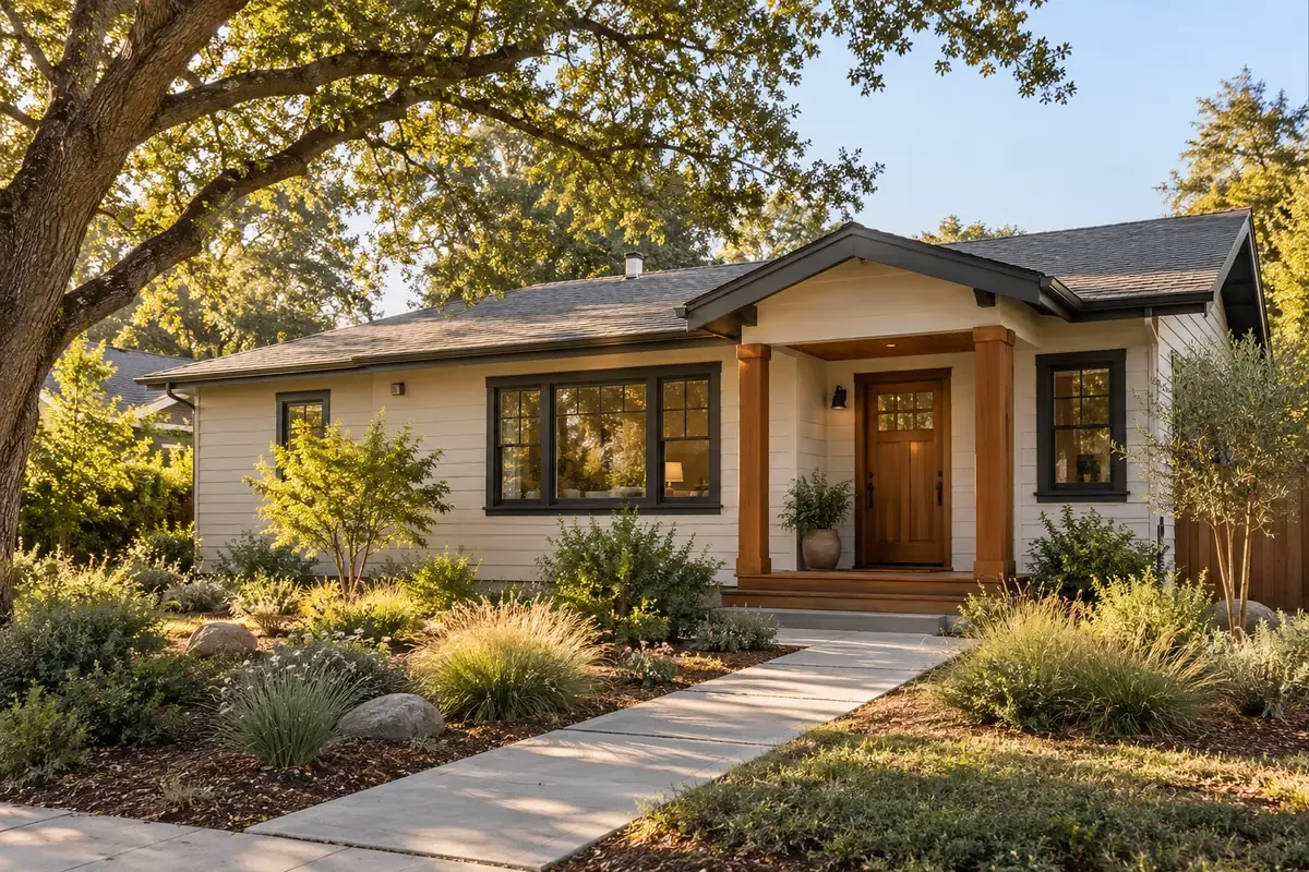 A maintained single-story home with a wood entry porch and a planted front garden