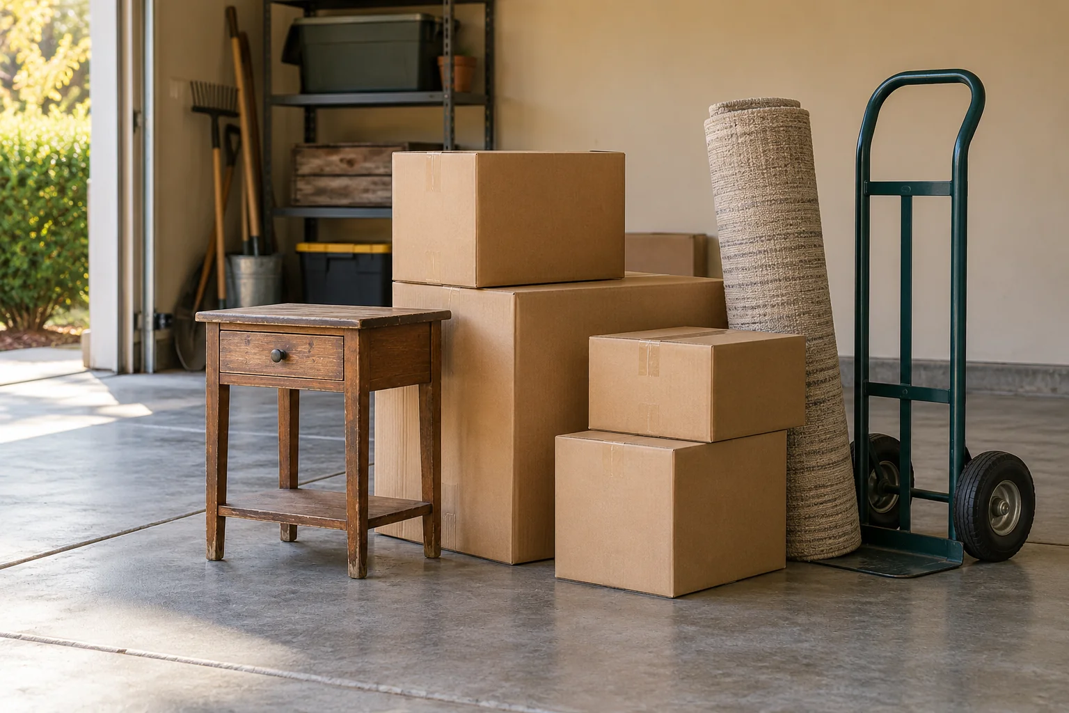 Boxed belongings, a wooden table, rolled rug and hand truck in a garage