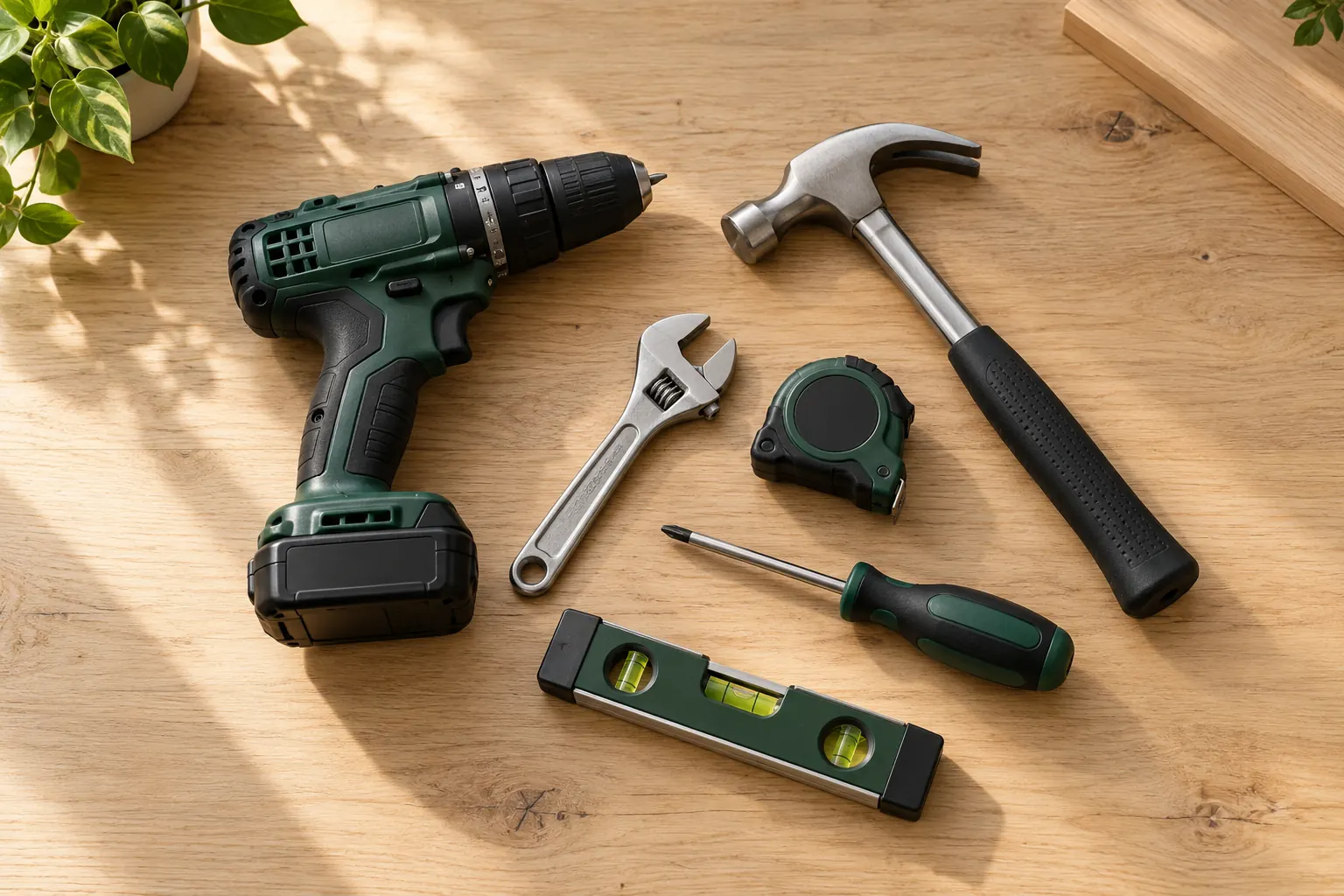 Drill, tape measure, level and basic hand tools arranged on a wood work surface