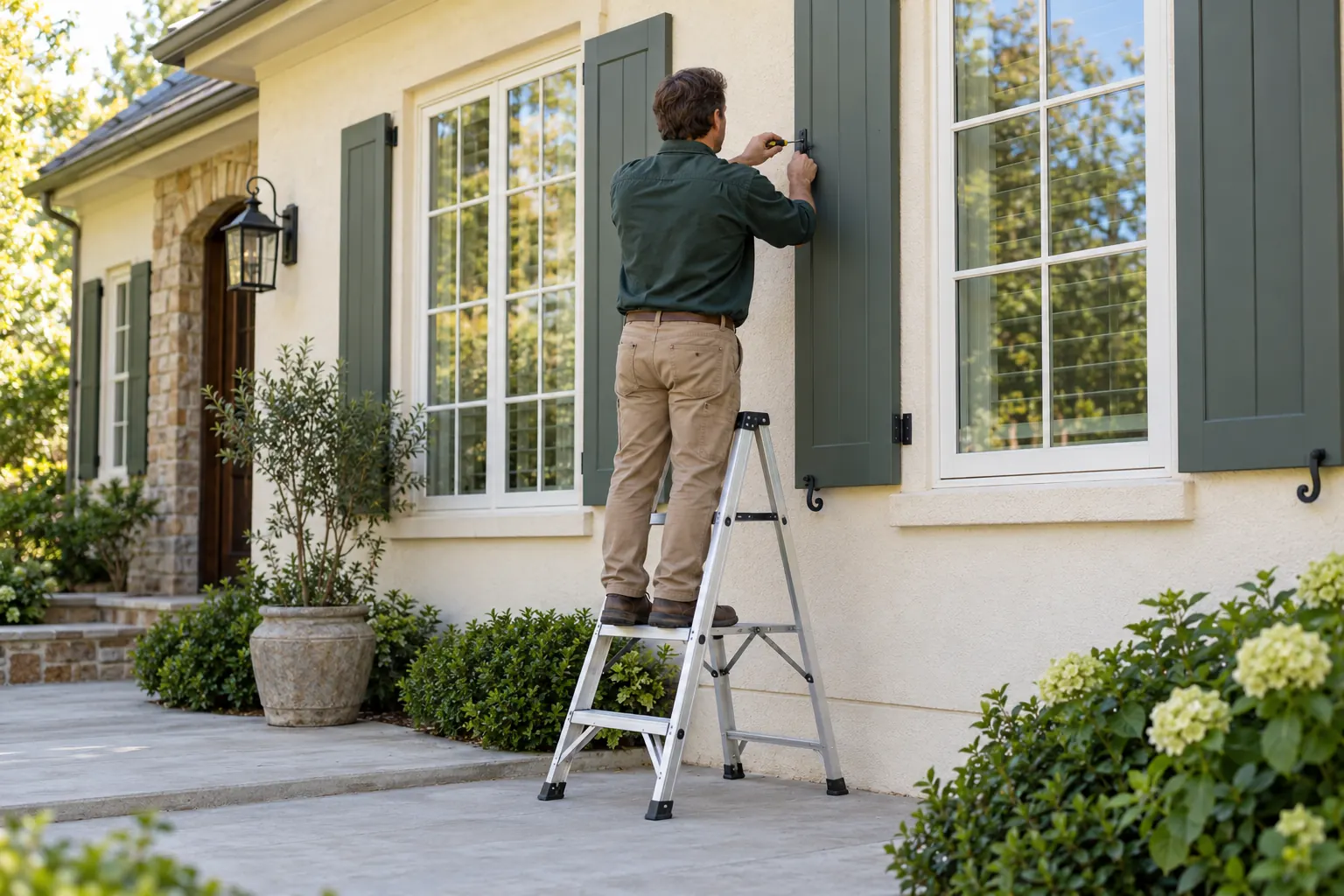 Handyman facing away while adjusting a shutter from a stepladder