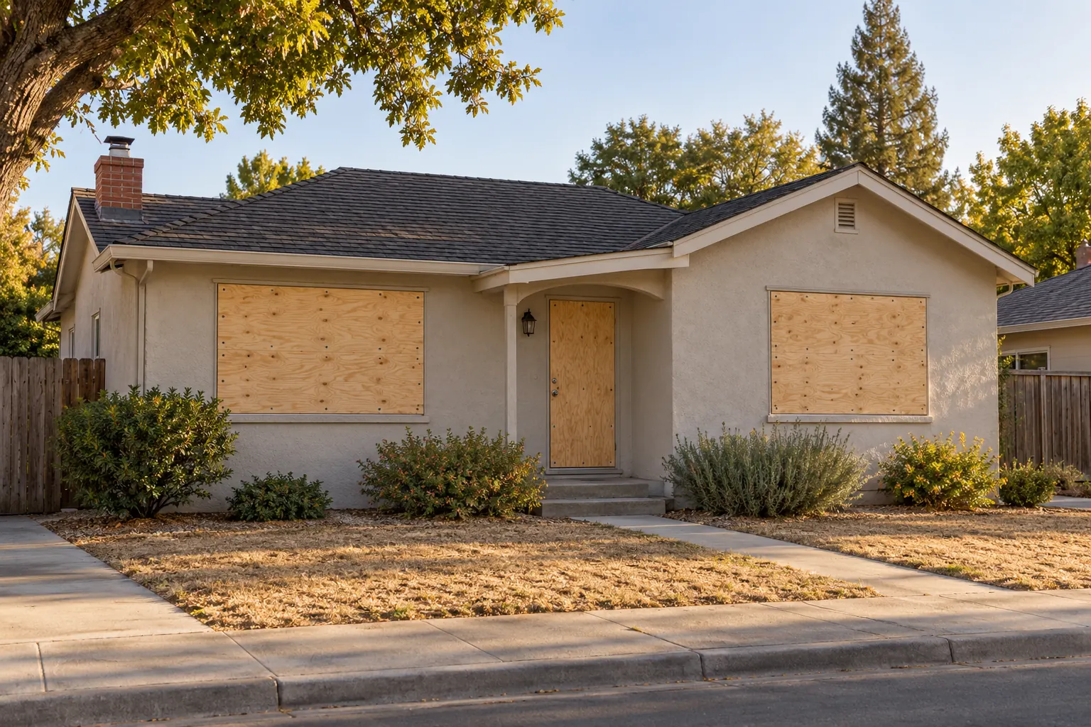 Vacant house with plywood-secured windows and entry