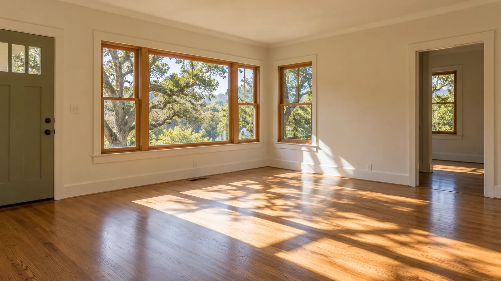 Empty room with wood floors, cream walls and natural light