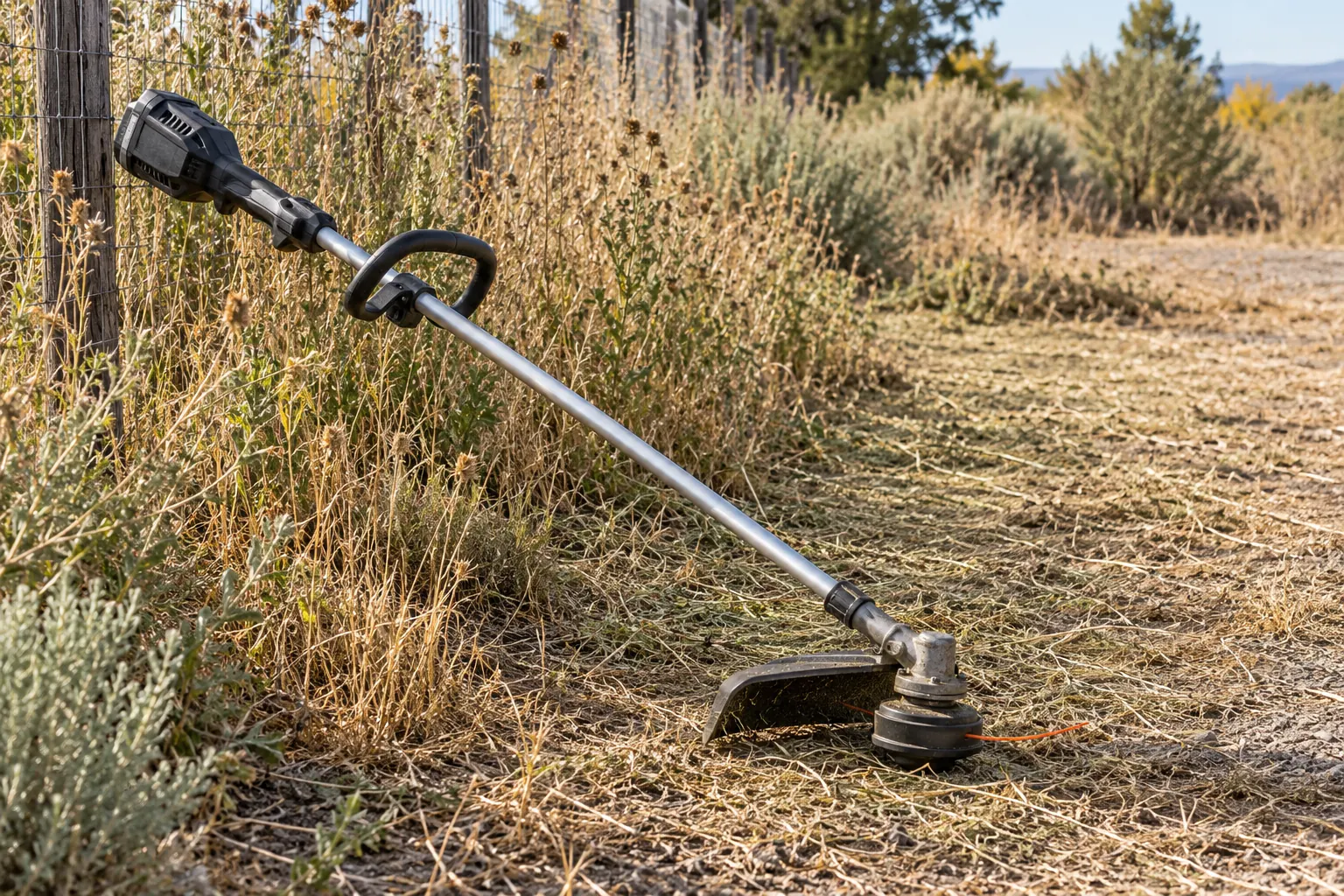 String trimmer beside dry weeds and a cleared strip along a property boundary